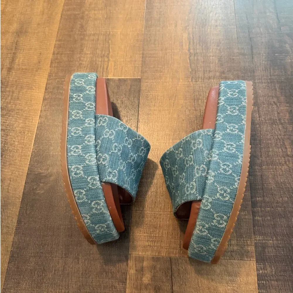 Gucci GG Denim Platform Slide Sandals Women's Size 7.5 Made in Italy